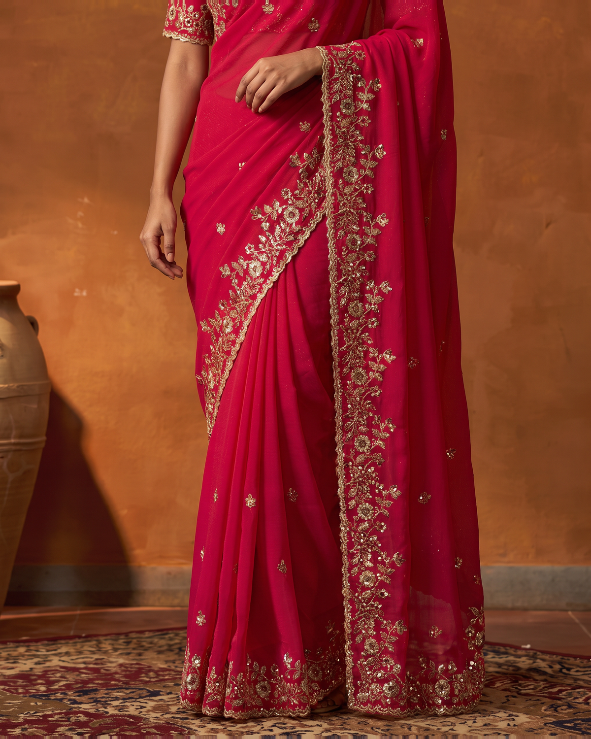 Anvitha Floral Vine Festive Saree with Rich Embroidered Border - Rani - lower closeup