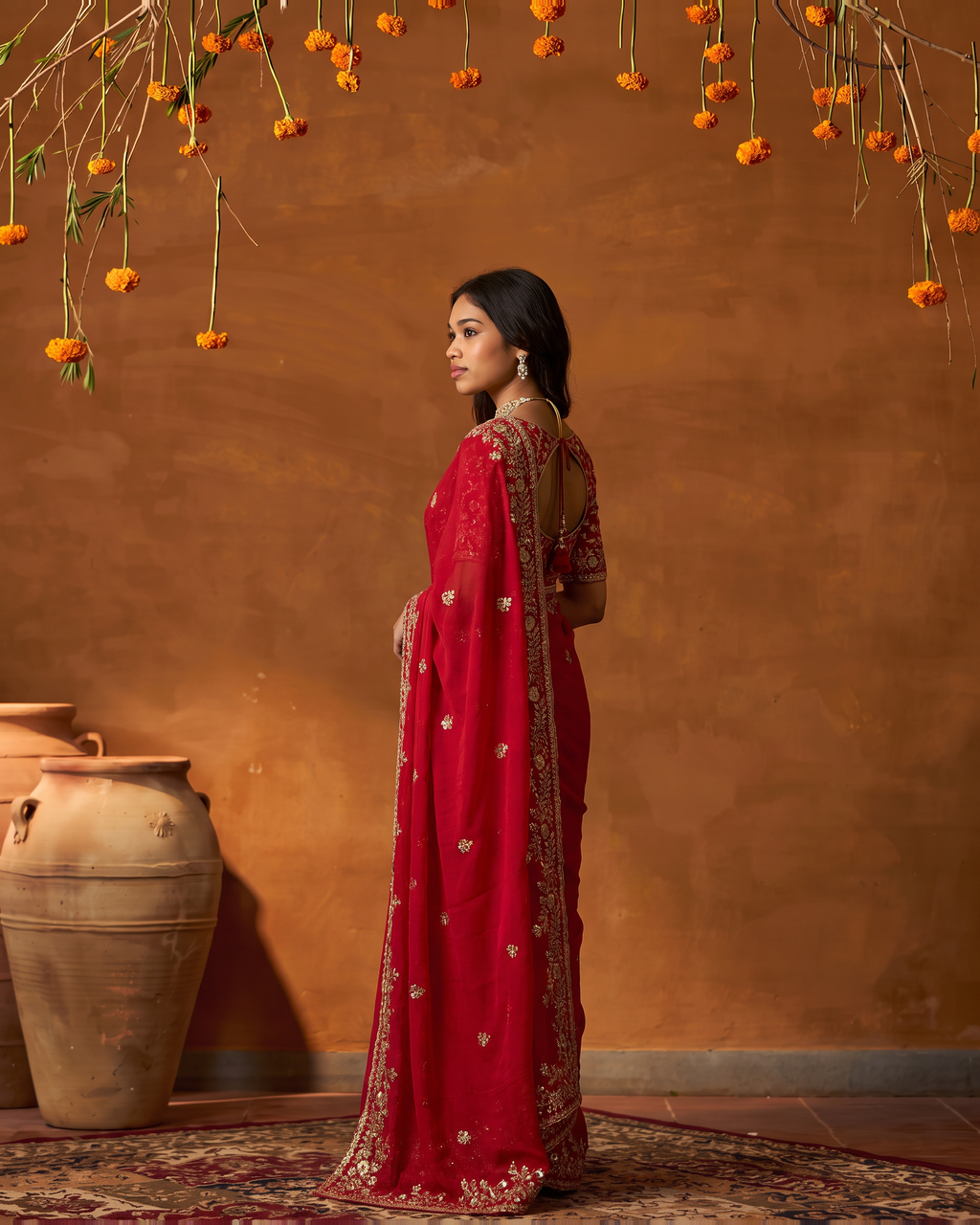 Anvitha Floral Vine Festive Saree with Rich Embroidered Border - Red - side