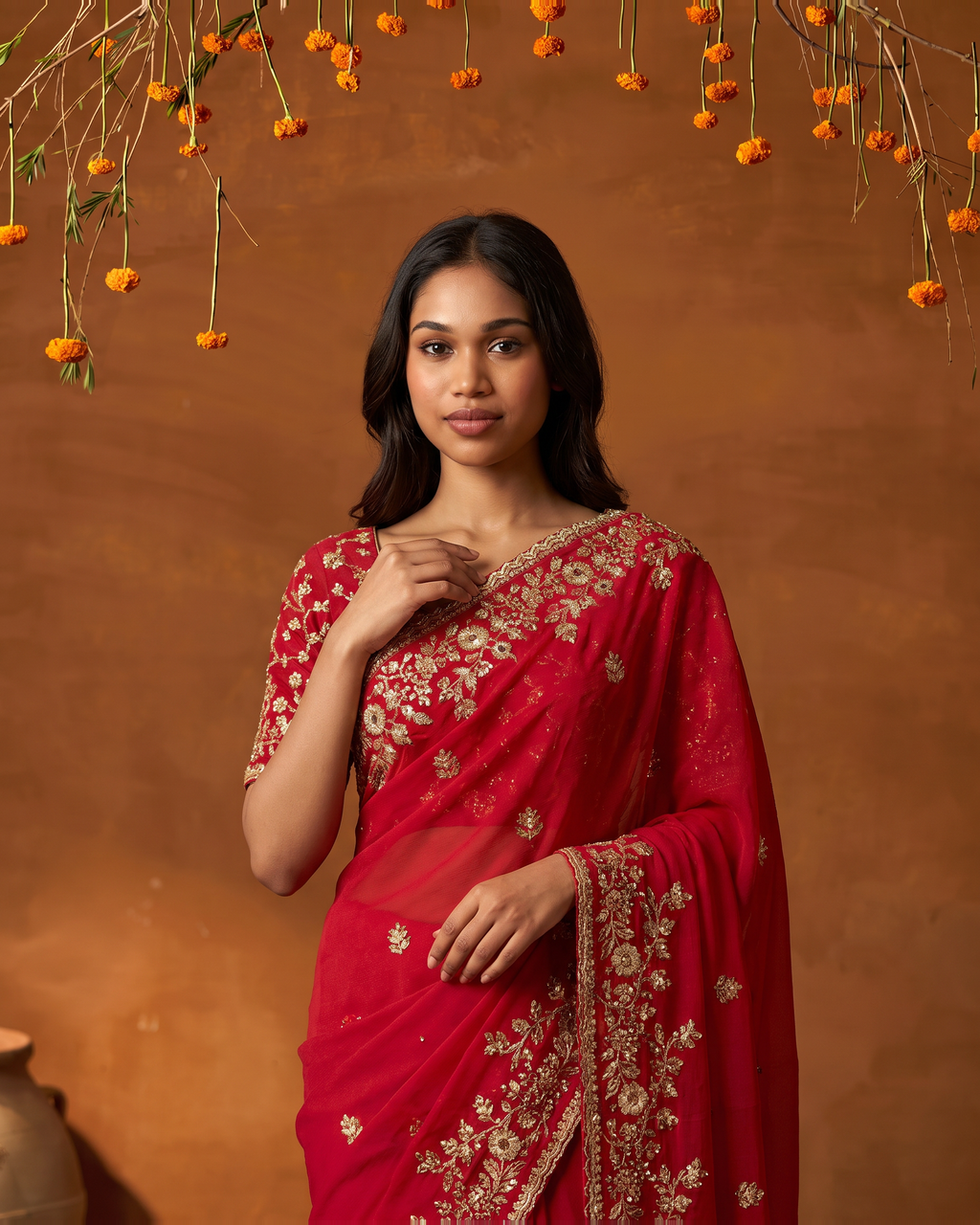 Anvitha Floral Vine Festive Saree with Rich Embroidered Border - Red - upper closeup