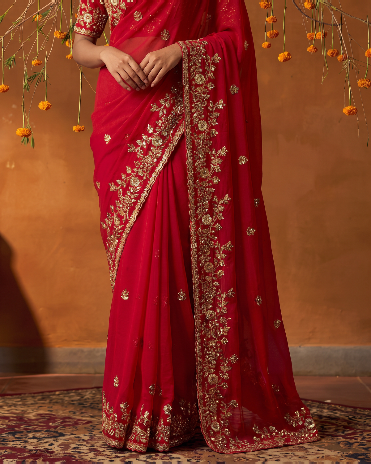 Anvitha Floral Vine Festive Saree with Rich Embroidered Border - Red - lower closeup