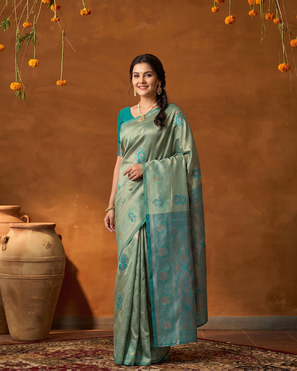 Aqua Mint Silk Saree with Silver Butta Weave - full saree hero
