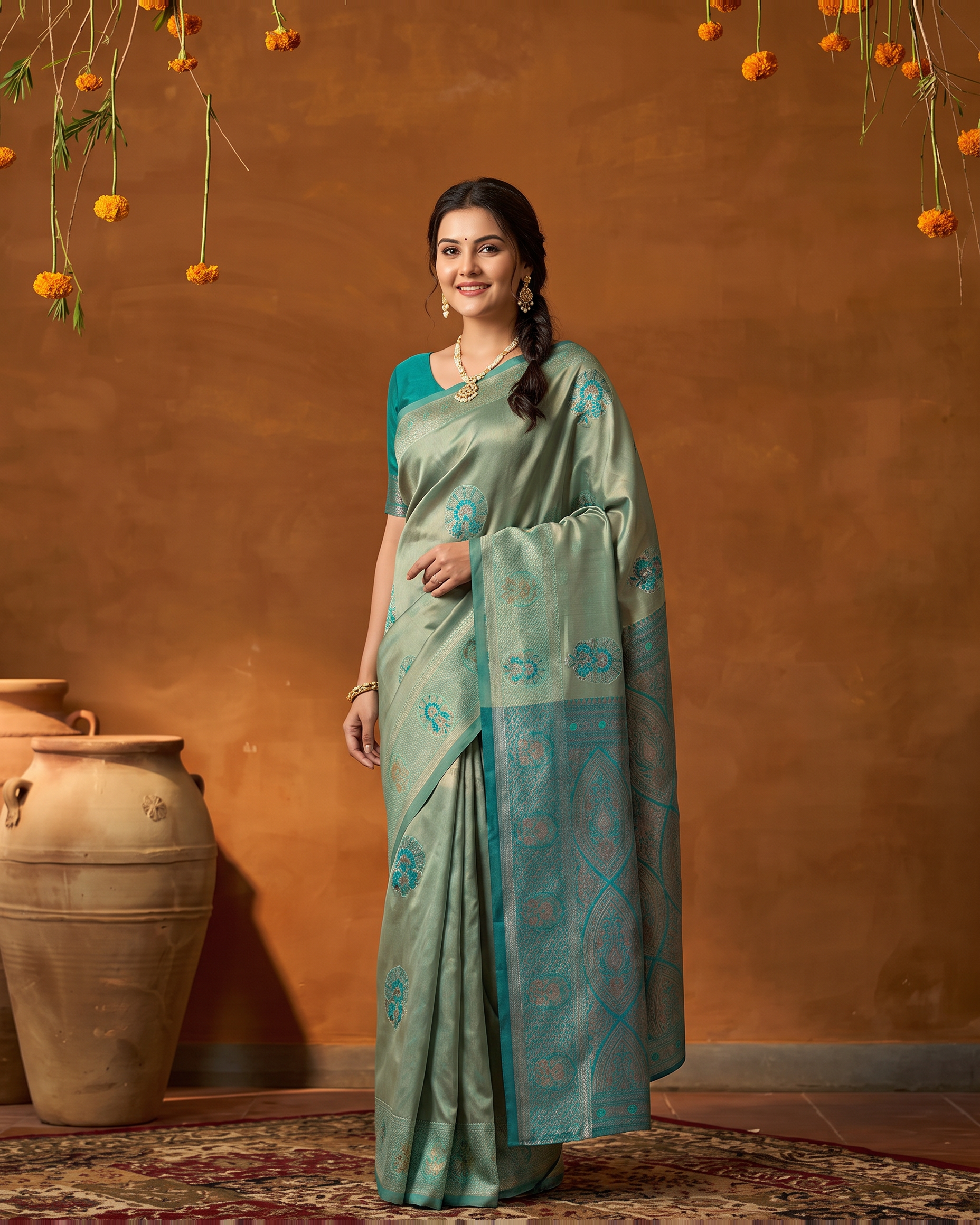 Aqua Mint Silk Saree with Silver Butta Weave - full saree hero