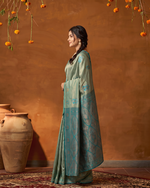 Aqua Mint Silk Saree with Silver Butta Weave - side drape