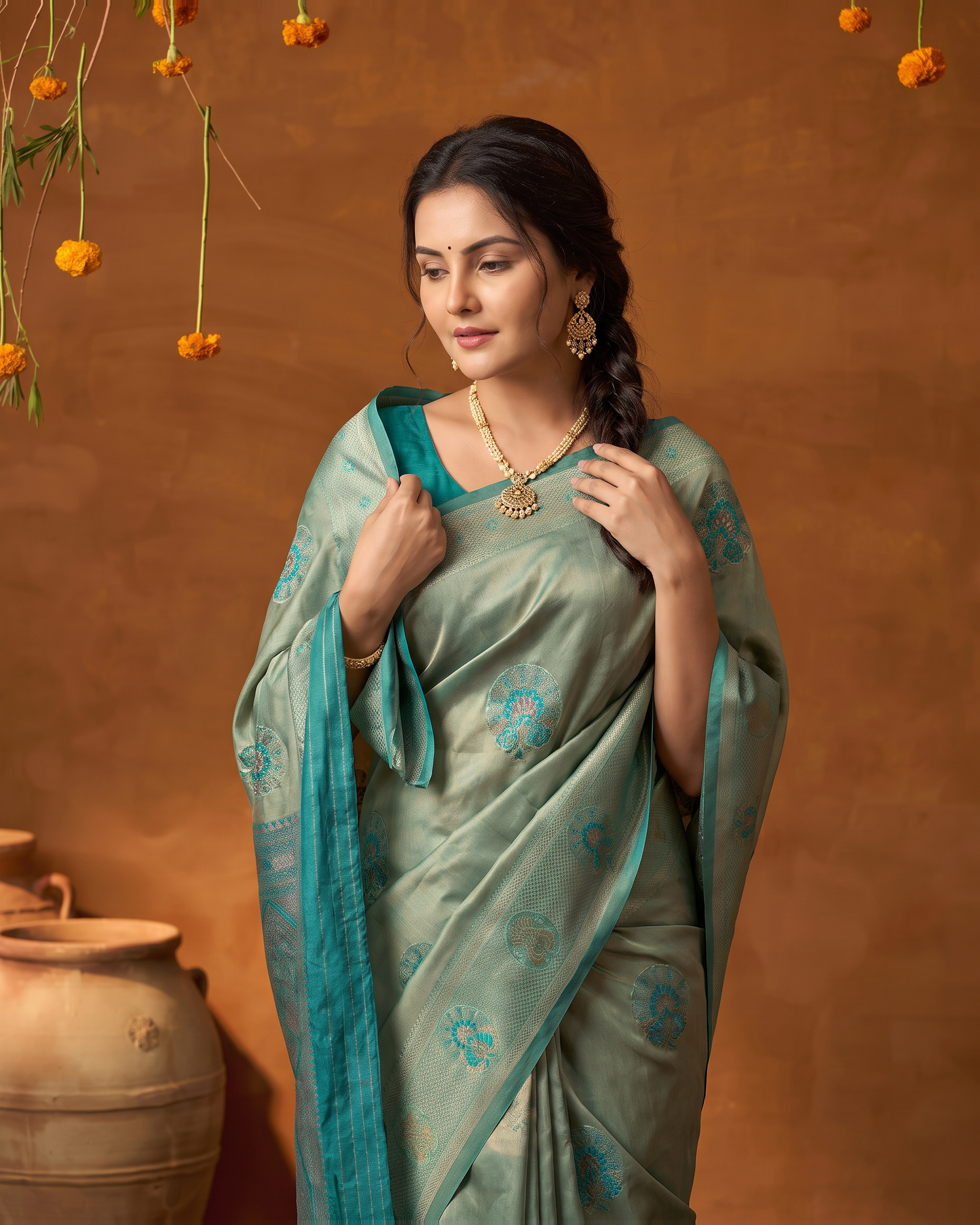 Aqua Mint Silk Saree with Silver Butta Weave - upper closeup