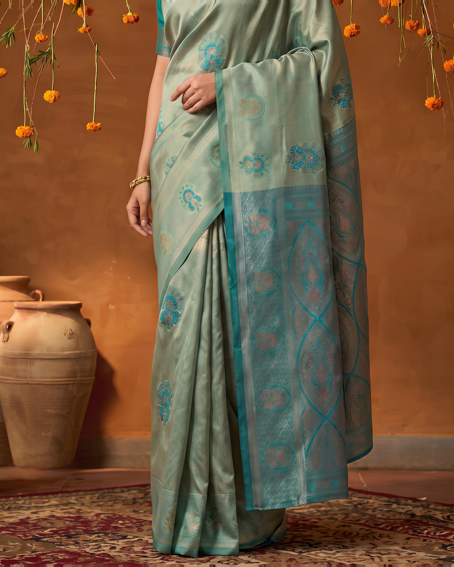 Aqua Mint Silk Saree with Silver Butta Weave - lower closeup