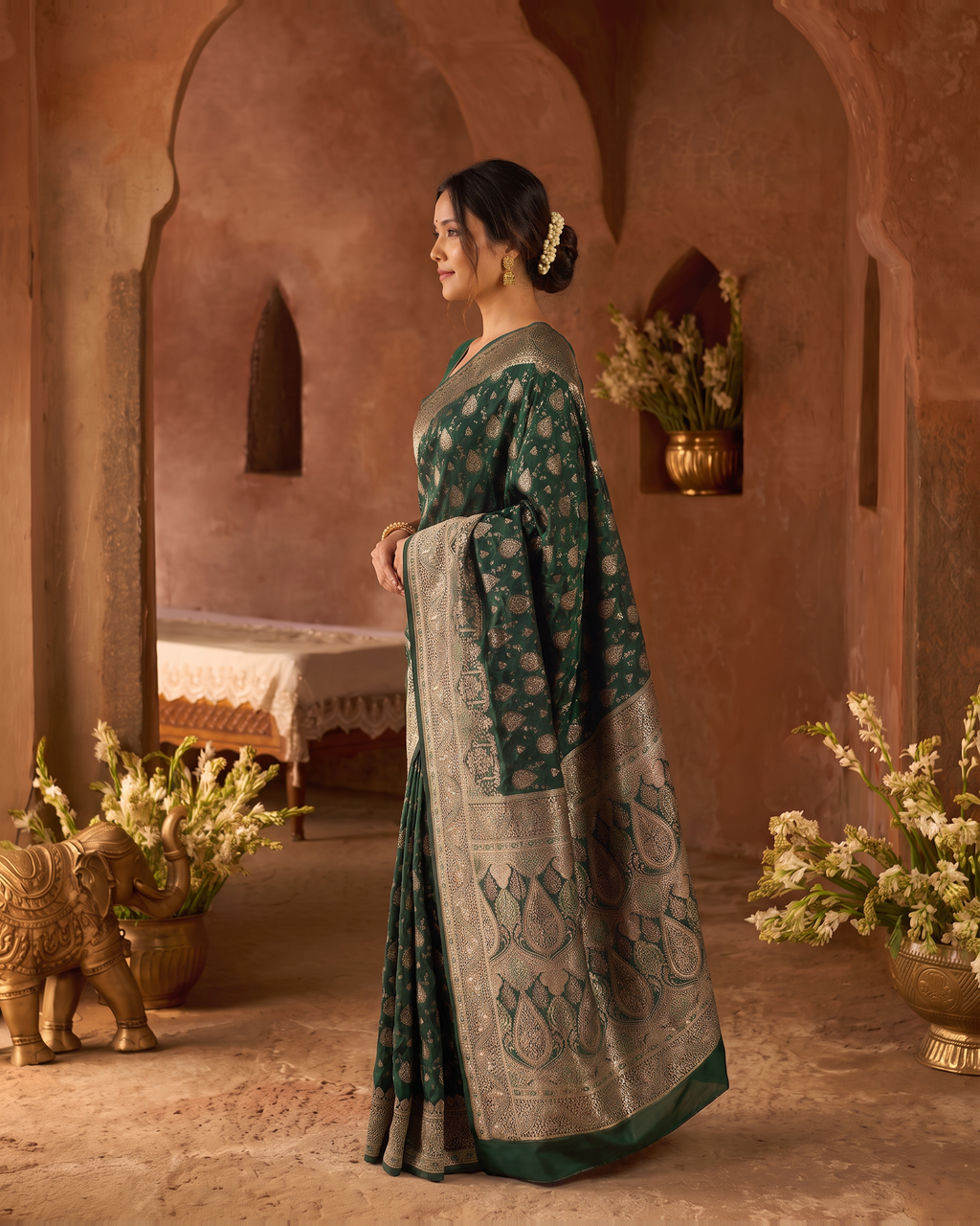 Aranya Jewel Tone Festive Saree with Rich Designer Pallu - Green - side