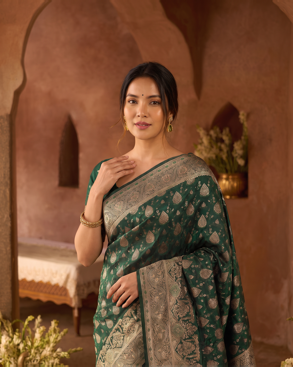 Aranya Jewel Tone Festive Saree with Rich Designer Pallu - Green - upper closeup