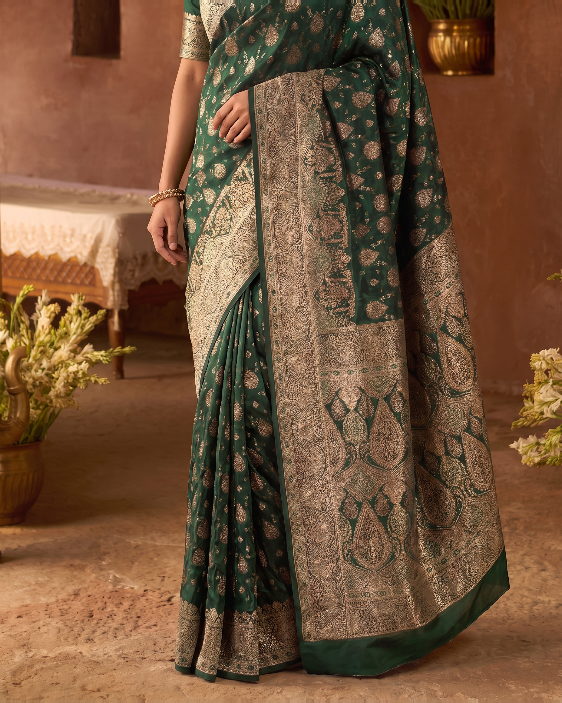 Aranya Jewel Tone Festive Saree with Rich Designer Pallu - Green - lower closeup