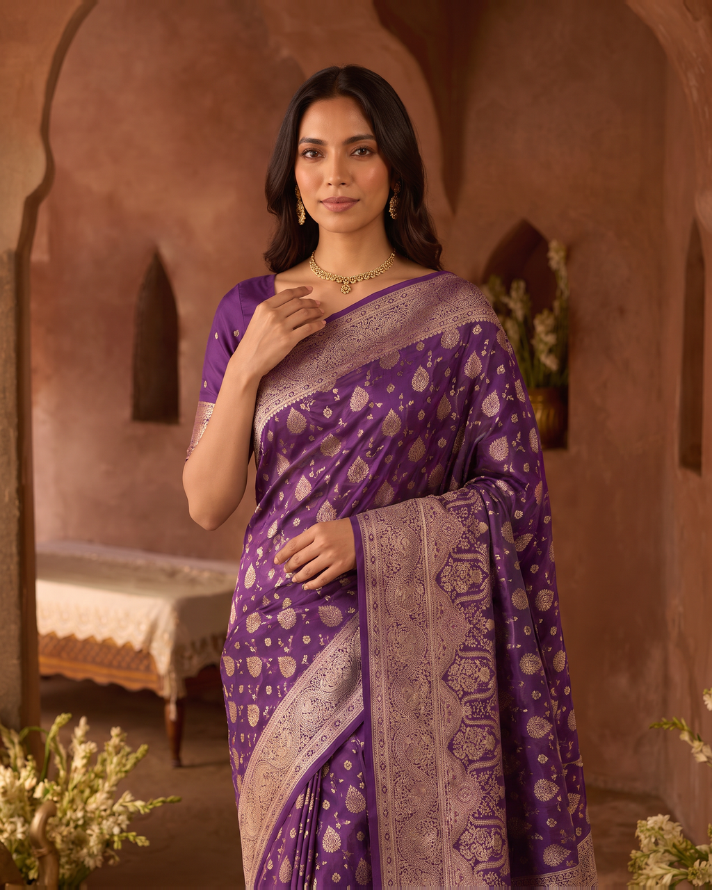 Aranya Jewel Tone Festive Saree with Rich Designer Pallu - Purple - upper closeup