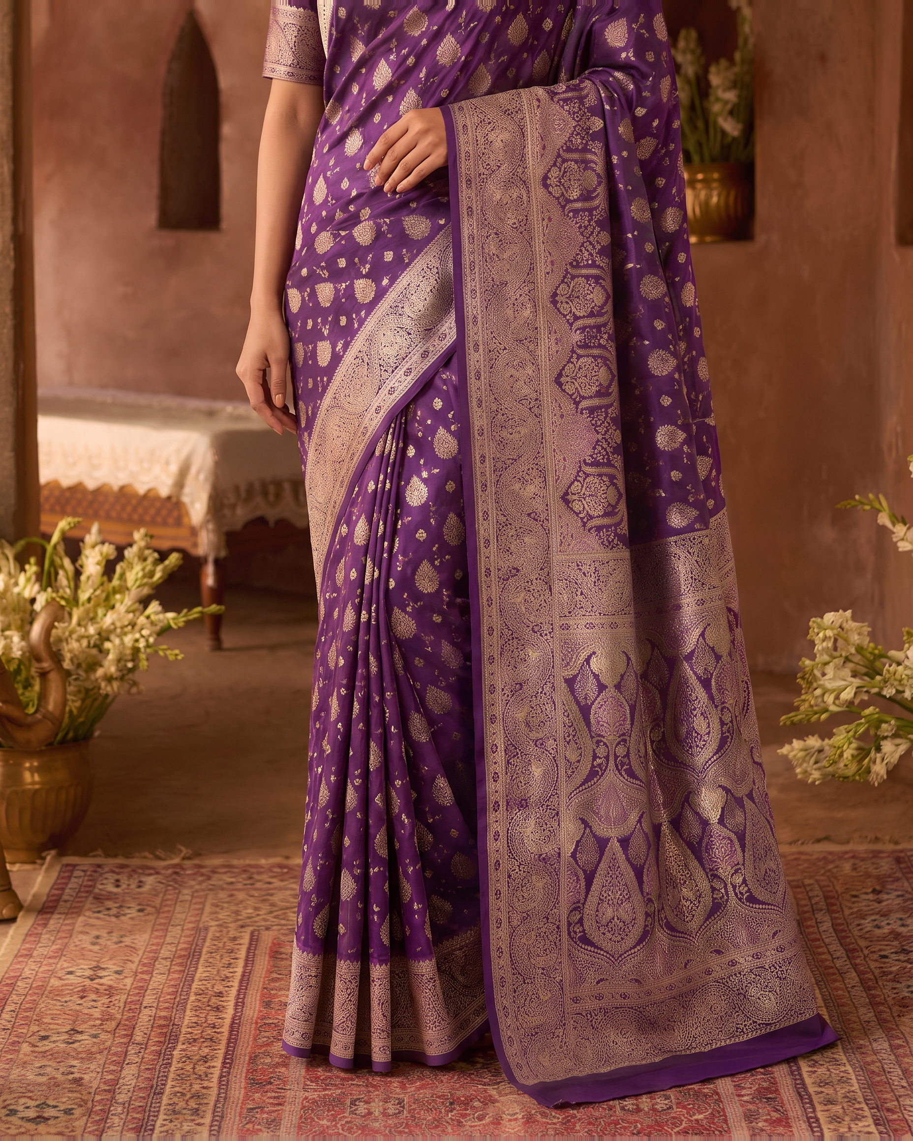 Aranya Jewel Tone Festive Saree with Rich Designer Pallu - Purple - lower closeup