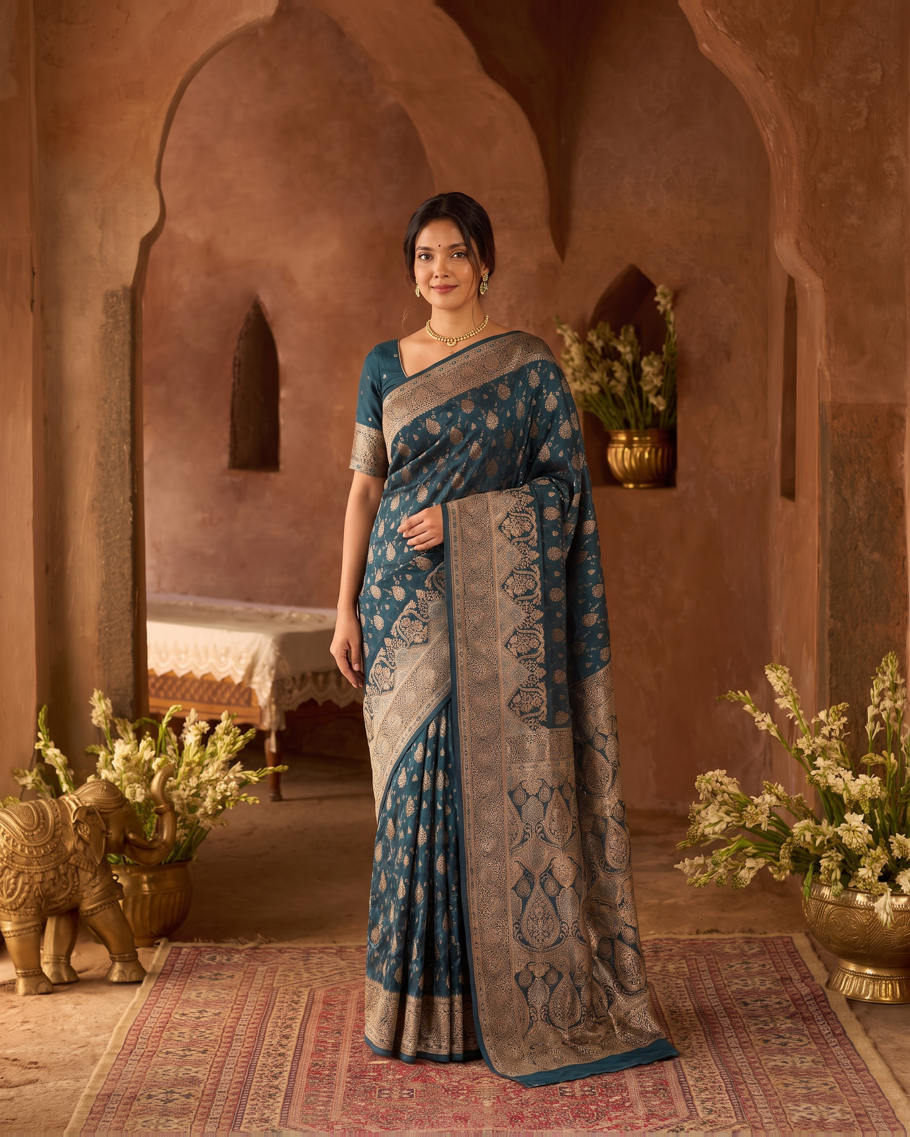 Aranya Jewel Tone Festive Saree with Rich Designer Pallu - Teal Blue - full saree hero