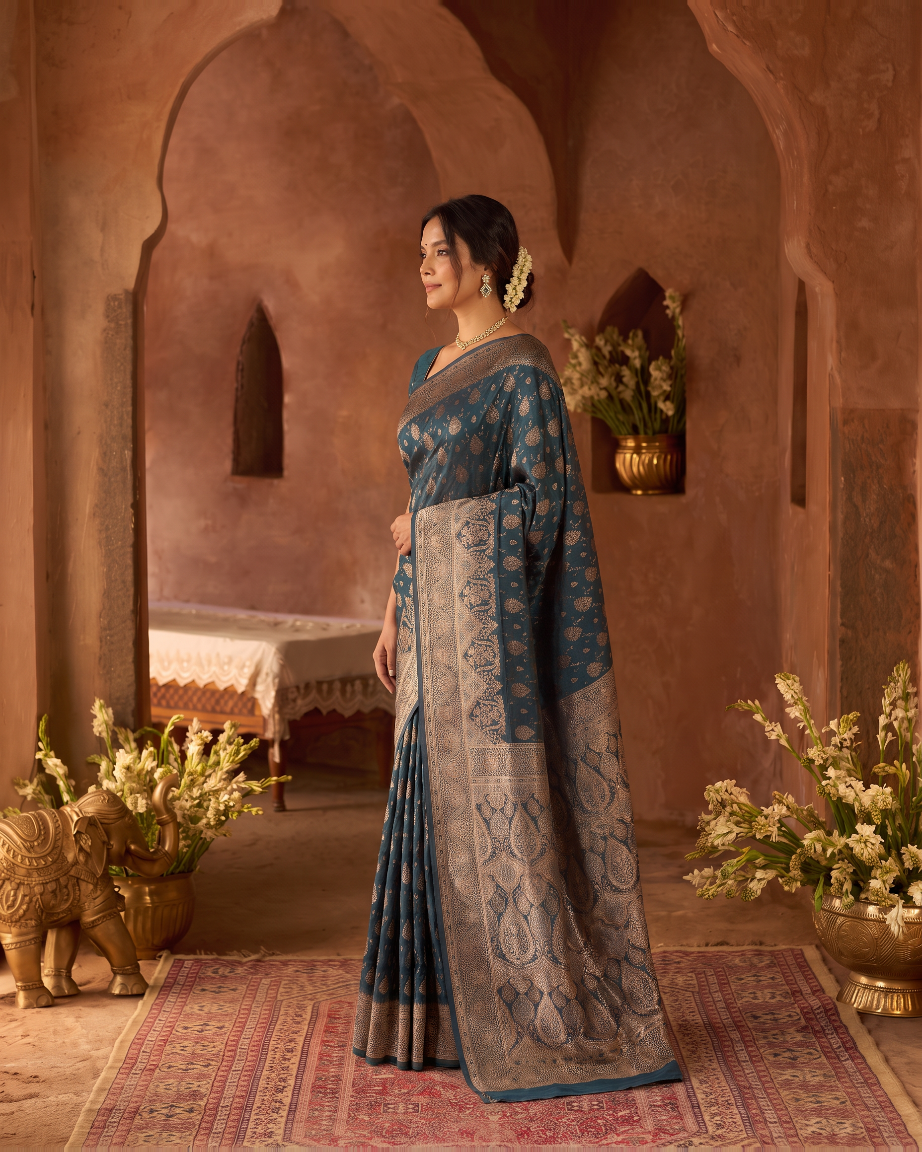 Aranya Jewel Tone Festive Saree with Rich Designer Pallu - Teal Blue - side