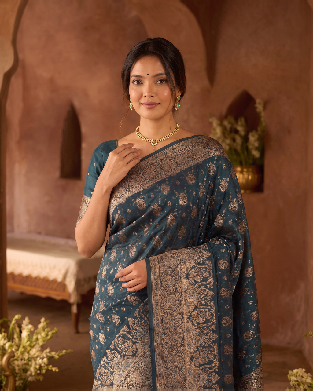 Aranya Jewel Tone Festive Saree with Rich Designer Pallu - Teal Blue - upper closeup