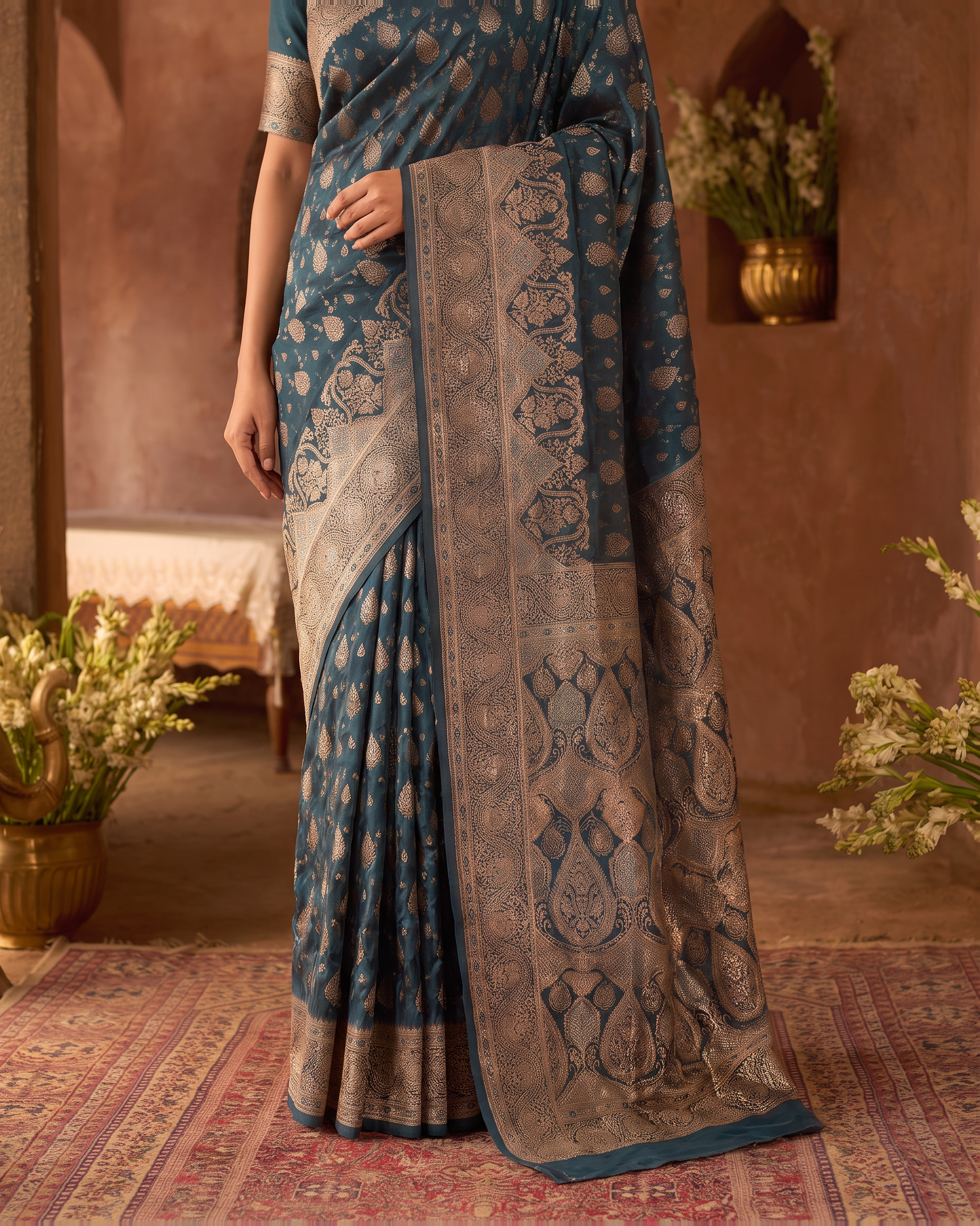 Aranya Jewel Tone Festive Saree with Rich Designer Pallu - Teal Blue - lower closeup