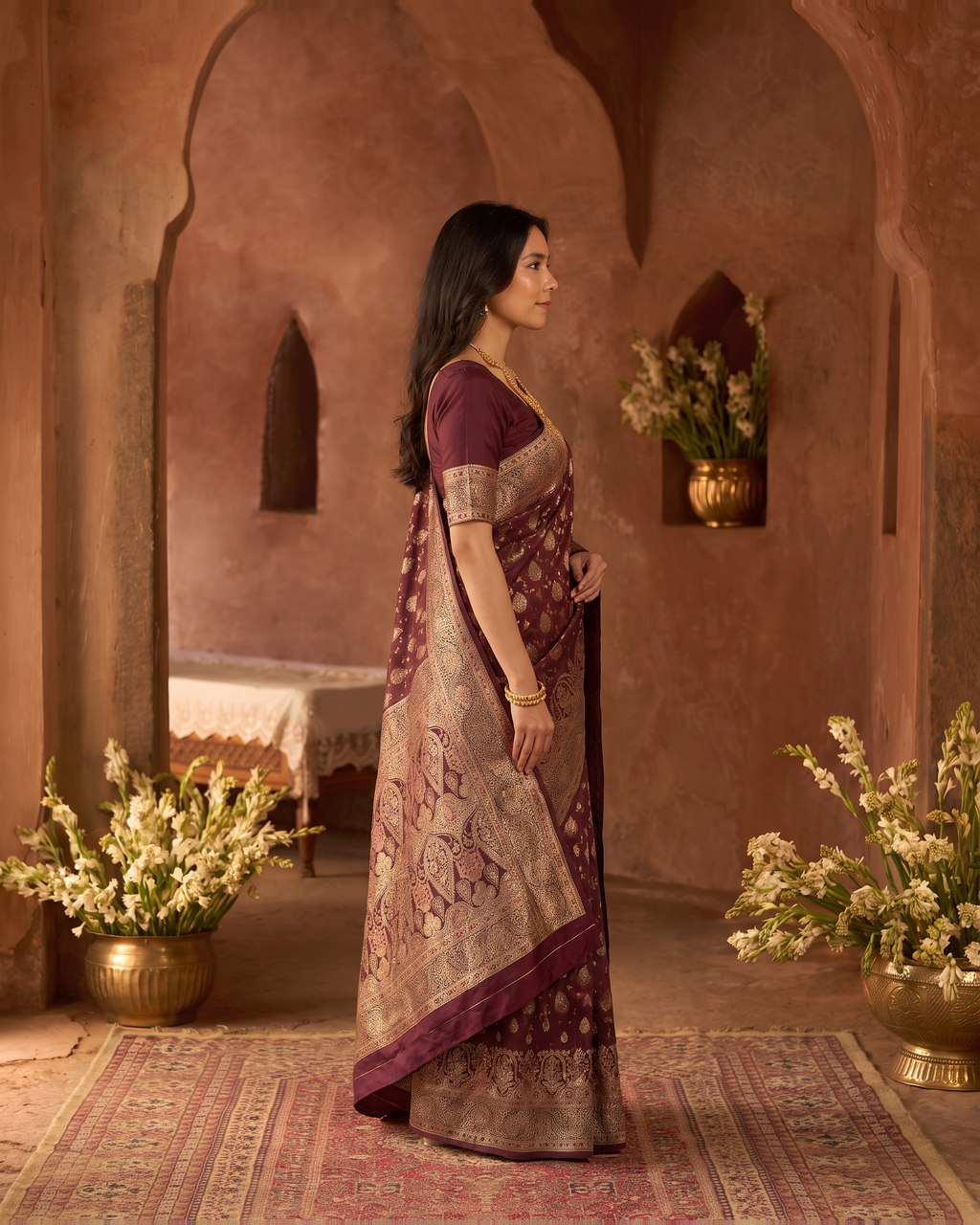 Aranya Jewel Tone Festive Saree with Rich Designer Pallu - Wine - side