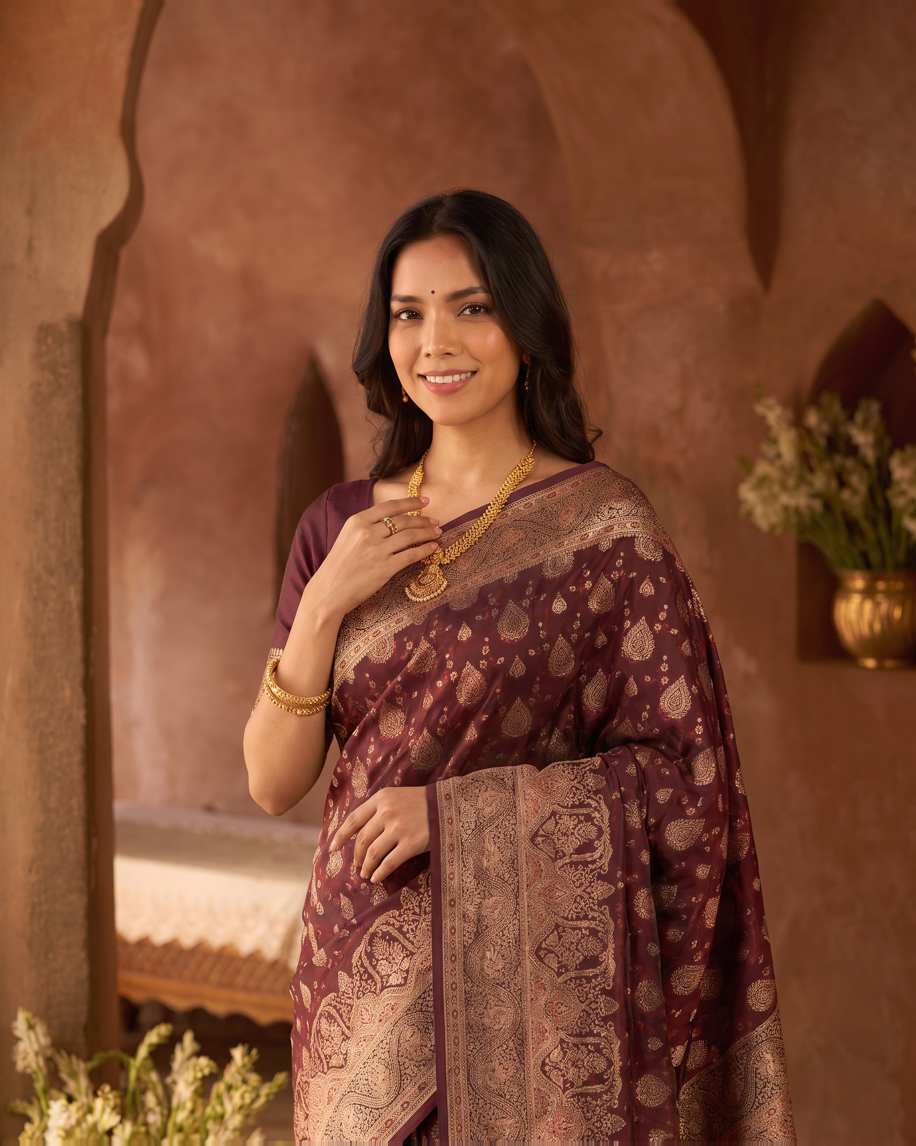 Aranya Jewel Tone Festive Saree with Rich Designer Pallu - Wine - upper closeup