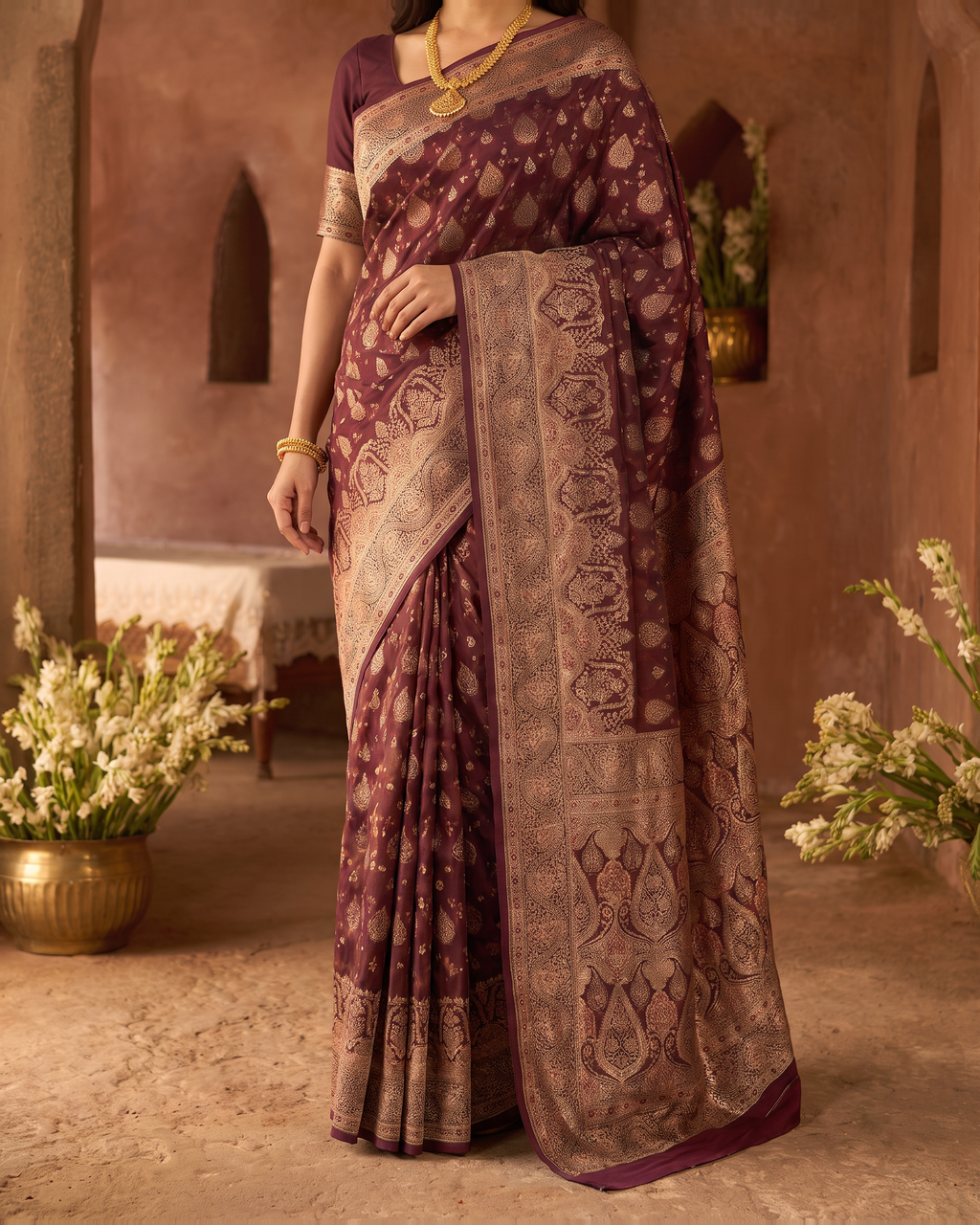 Aranya Jewel Tone Festive Saree with Rich Designer Pallu - Wine - lower closeup