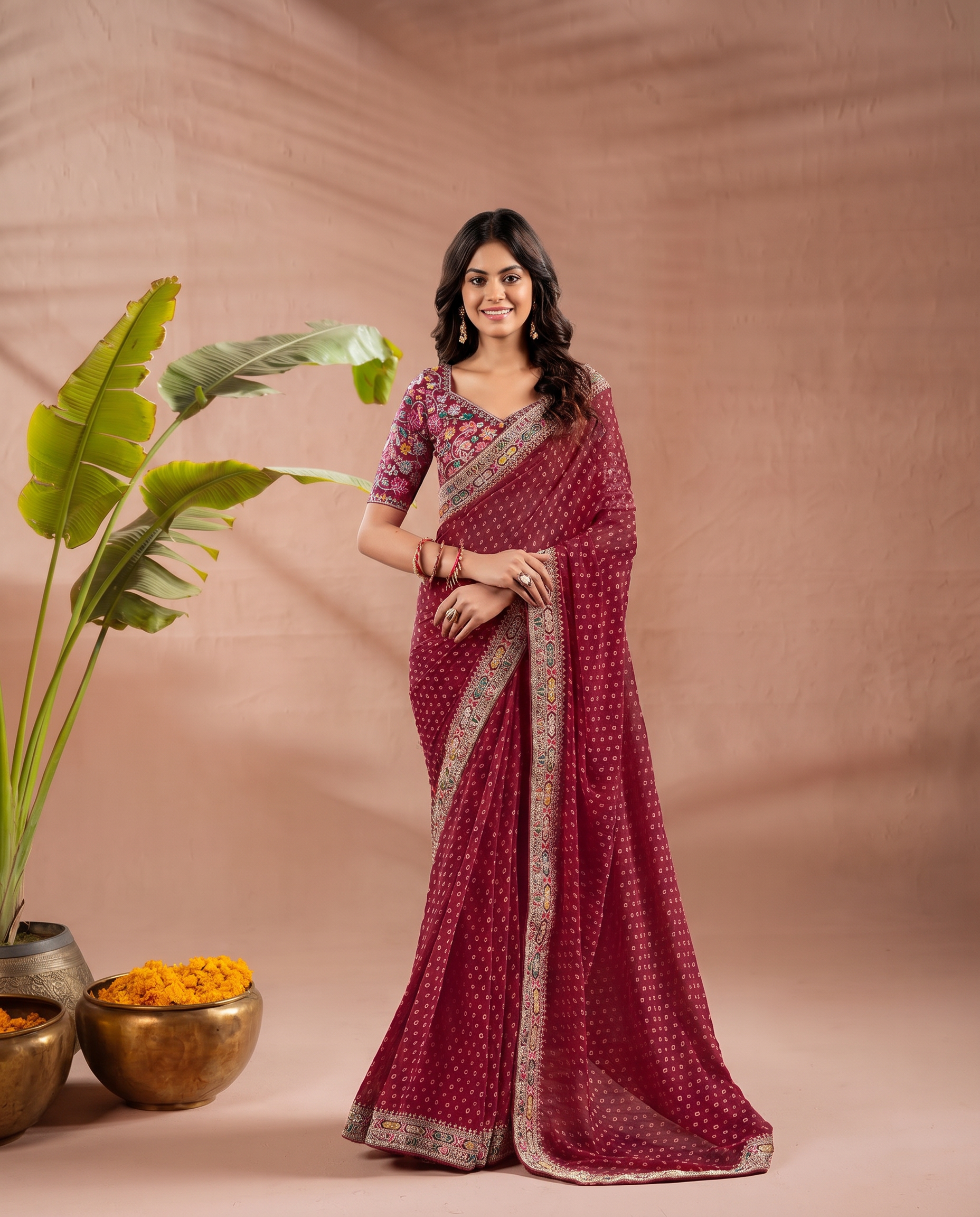 Pink Georgette Bandhani Print Saree - output 0 - 02 hero