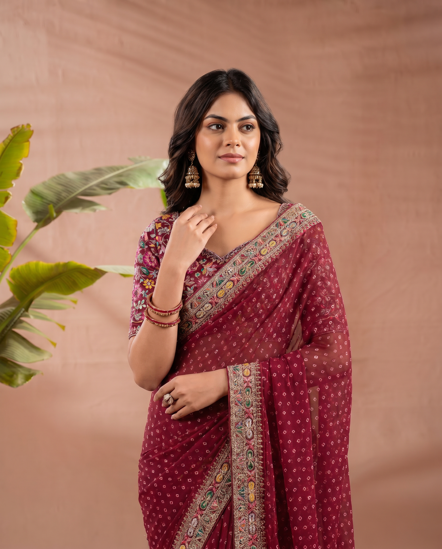 Pink Georgette Bandhani Print Saree - output 0 - 04 upper closeup