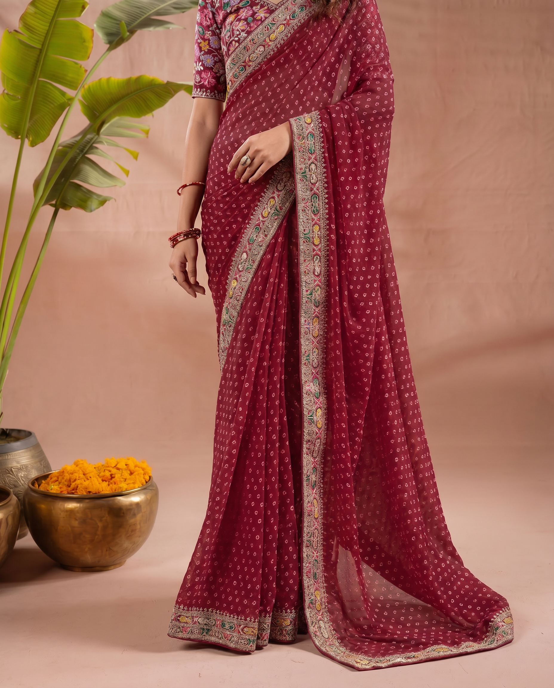Pink Georgette Bandhani Print Saree - output 0 - 05 lower closeup