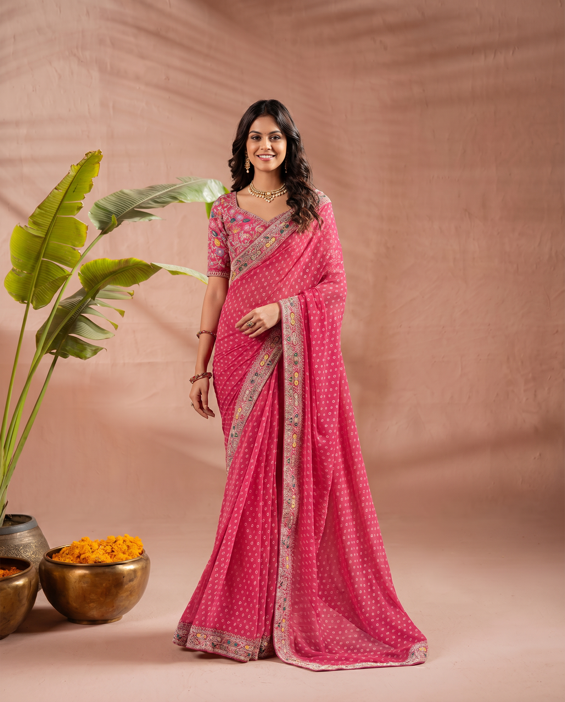 Pink Georgette Bandhani Print Saree - output 1 - 02 hero