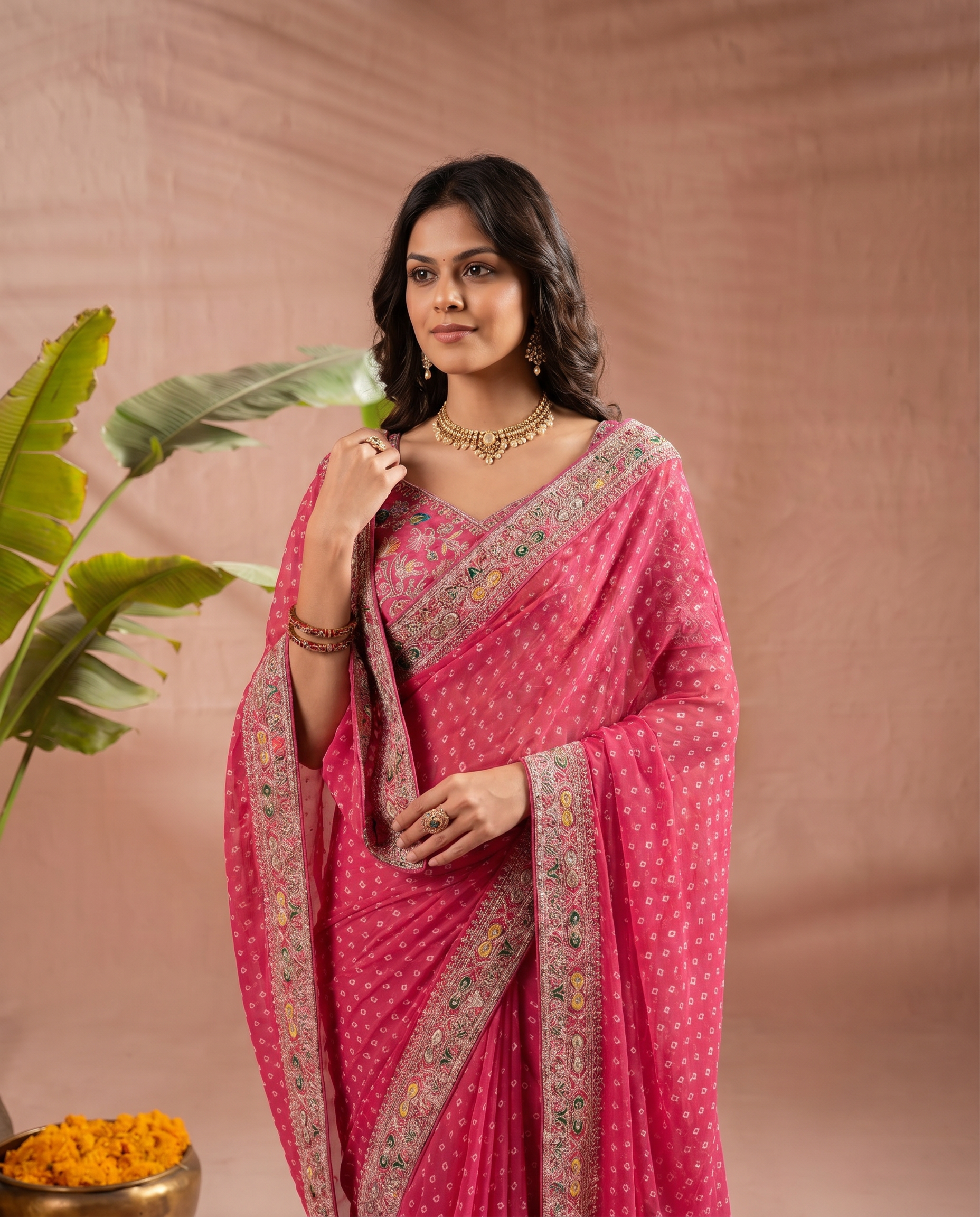 Pink Georgette Bandhani Print Saree - output 1 - 04 upper closeup