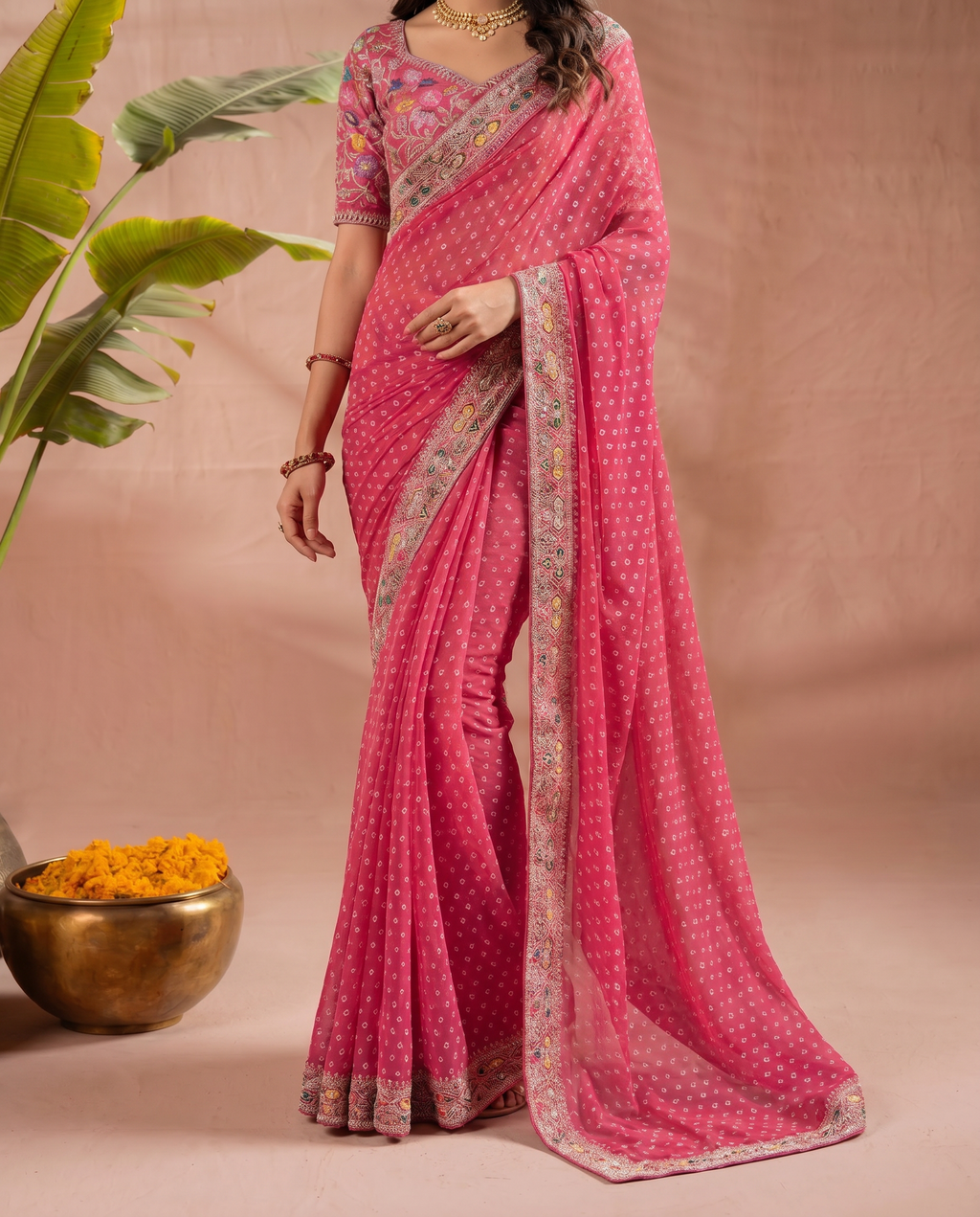 Pink Georgette Bandhani Print Saree - output 1 - 05 lower closeup
