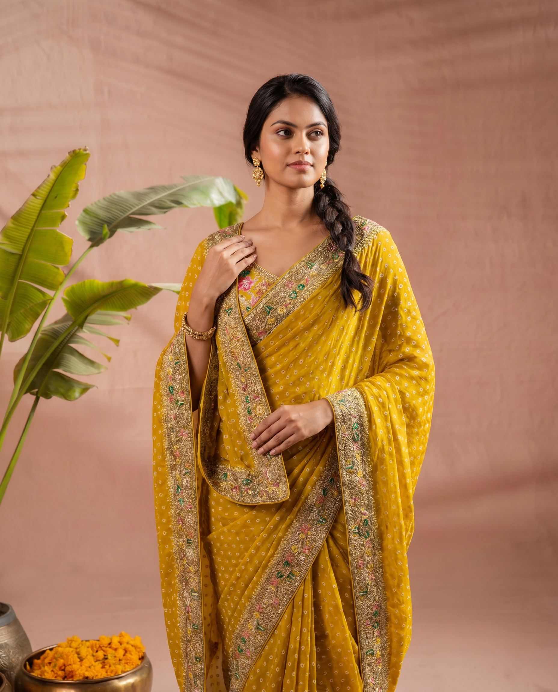 Pink Georgette Bandhani Print Saree - output 2 - 04 upper closeup