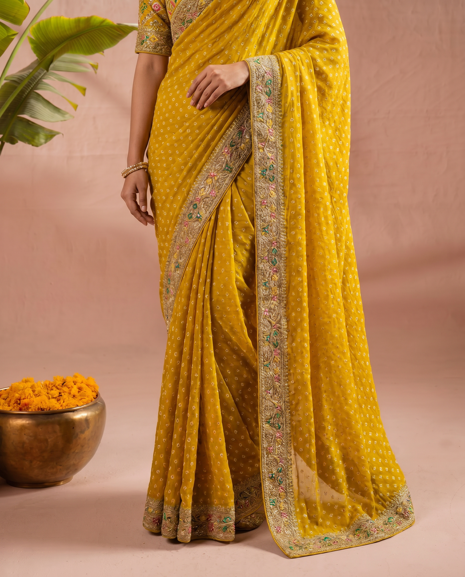 Pink Georgette Bandhani Print Saree - output 2 - 05 lower closeup