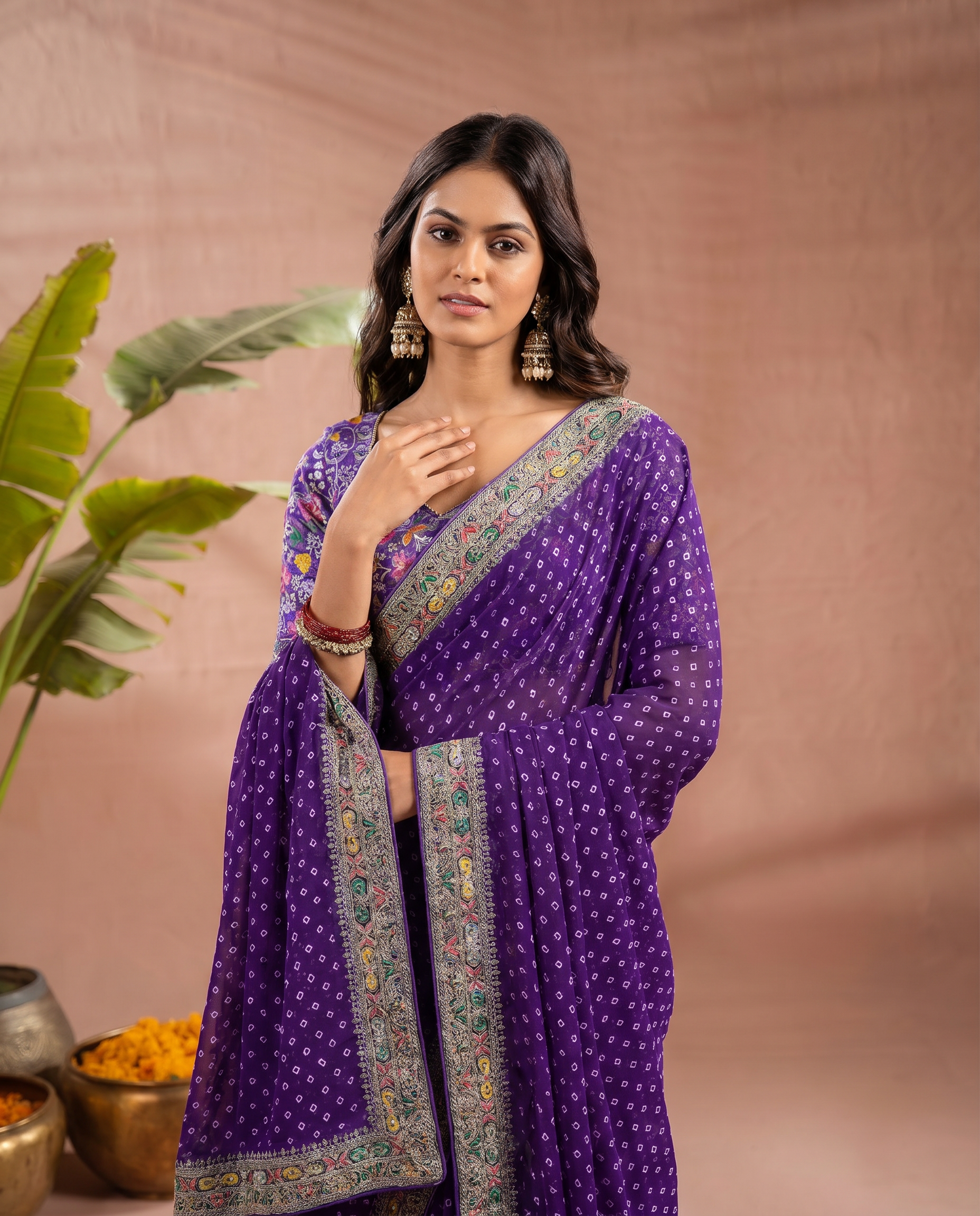 Pink Georgette Bandhani Print Saree - output 3 - 04 upper closeup