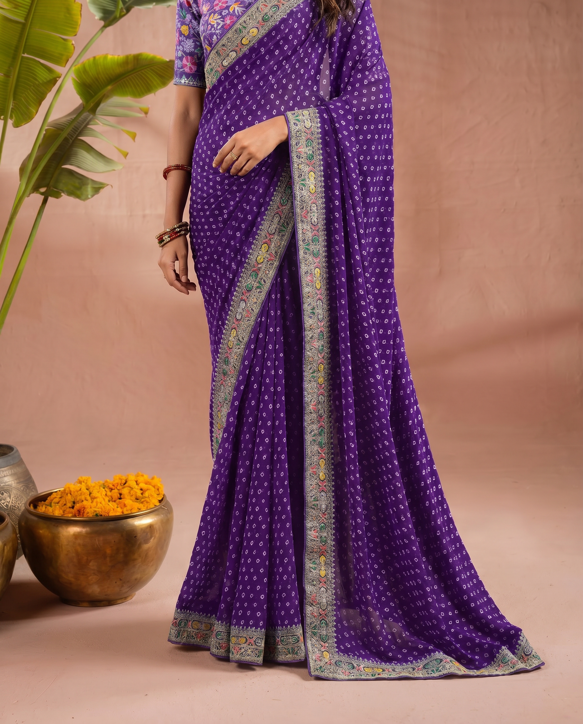 Pink Georgette Bandhani Print Saree - output 3 - 05 lower closeup