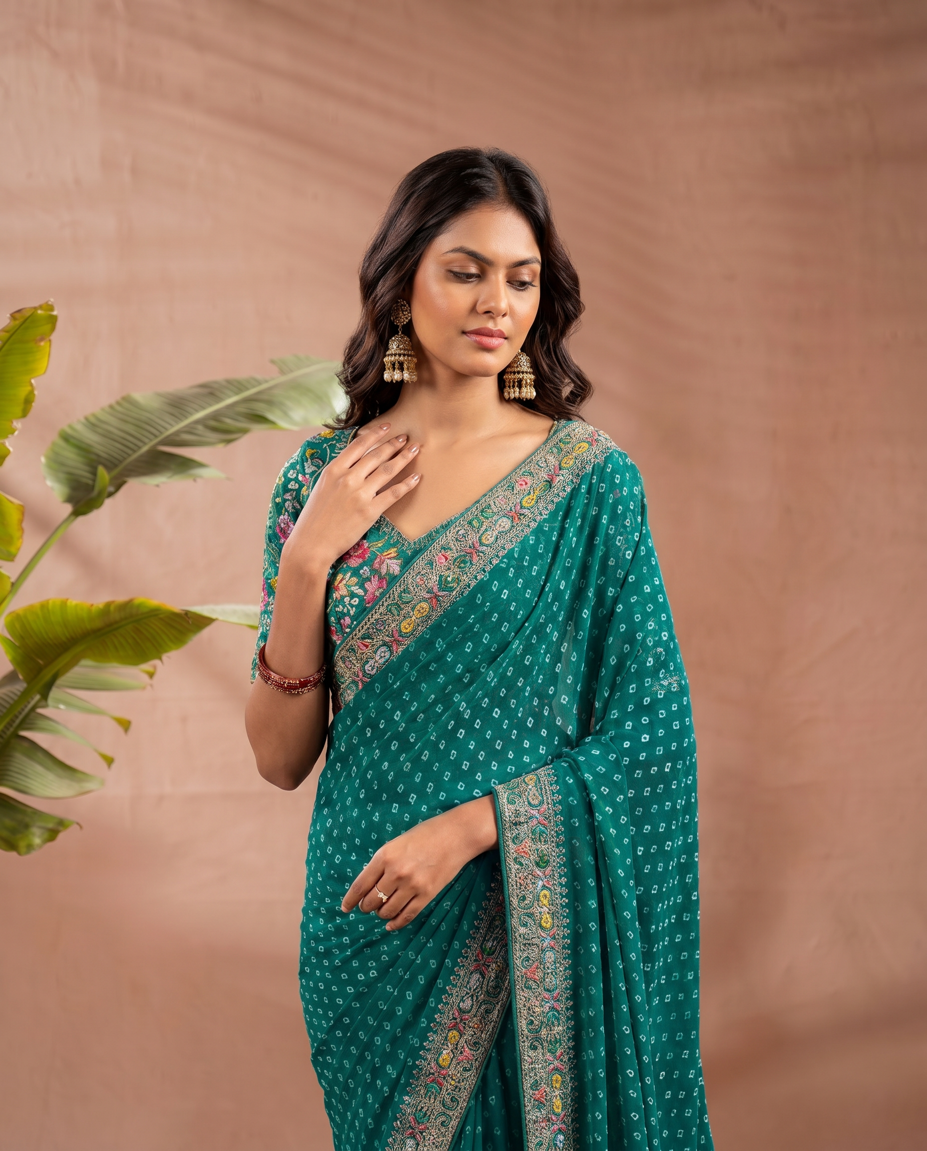 Pink Georgette Bandhani Print Saree - output 4 - 04 upper closeup