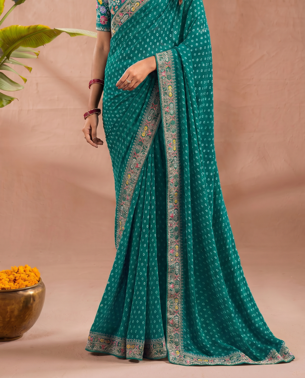 Pink Georgette Bandhani Print Saree - output 4 - 05 lower closeup
