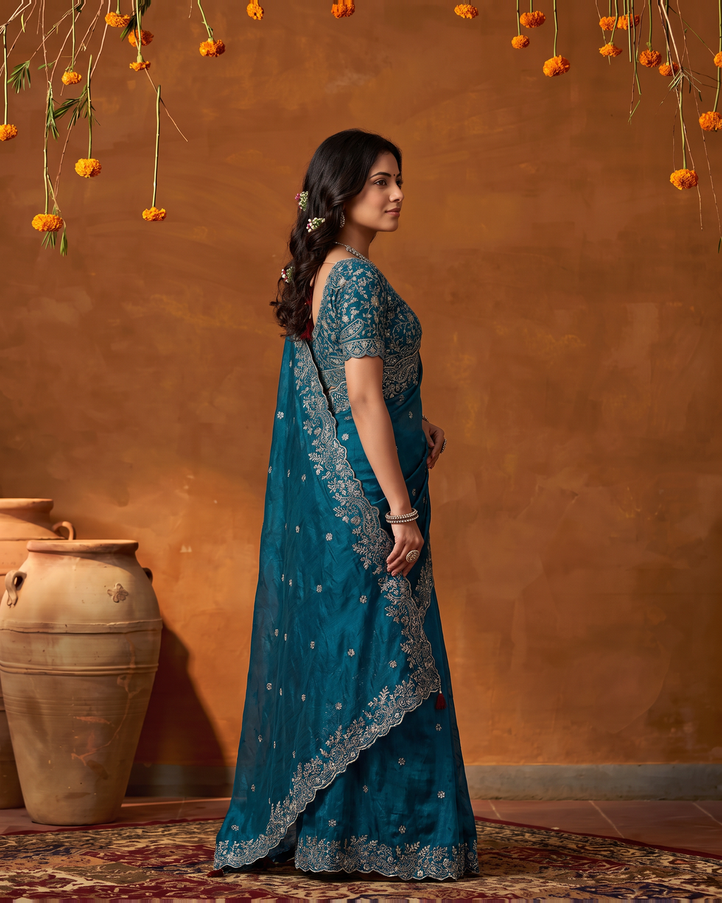 Arpita Embroidered Butti Festive Saree with Ornate Border - Air Force - side