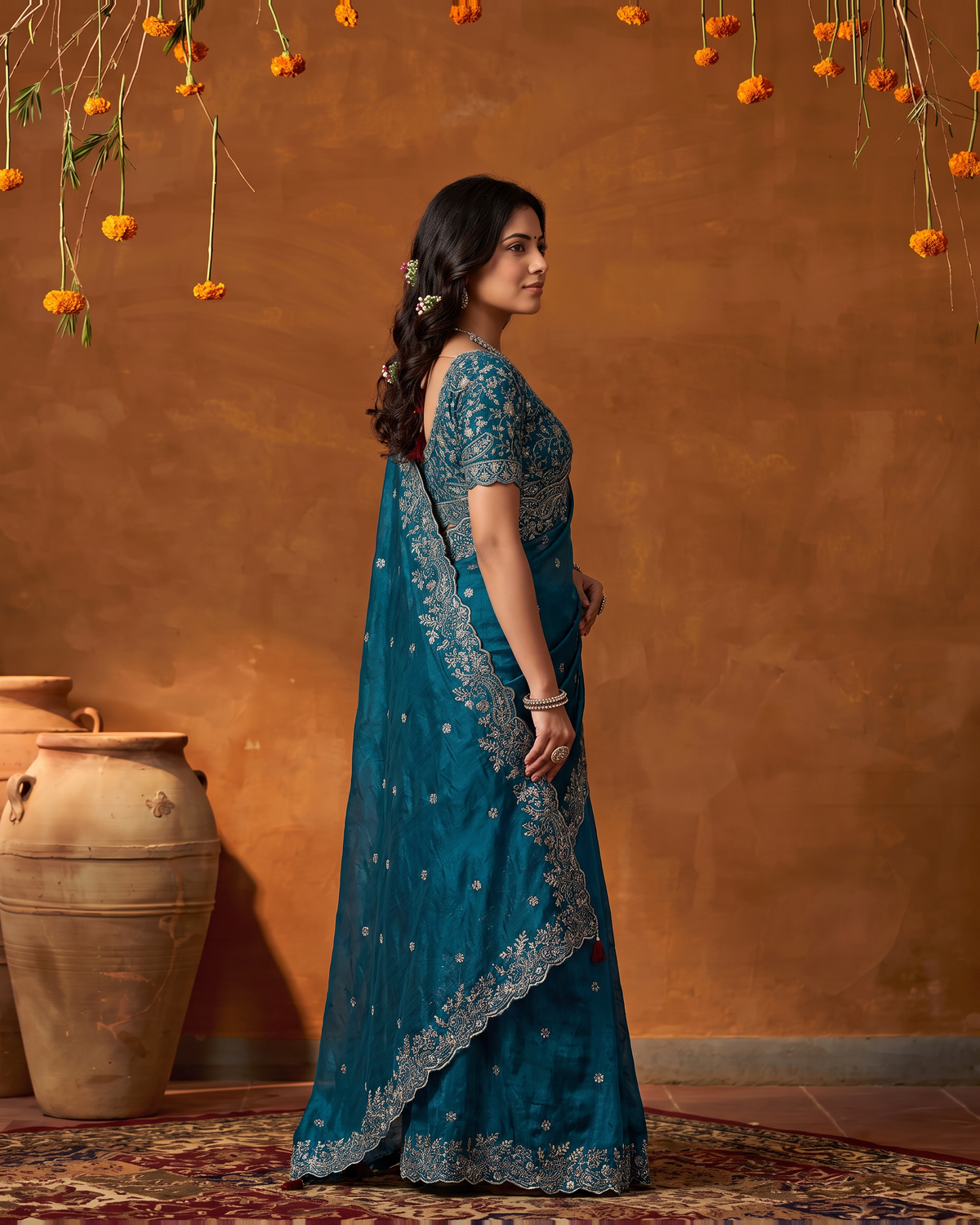 Arpita Embroidered Butti Festive Saree with Ornate Border - Air Force - side