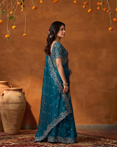 Arpita Embroidered Butti Festive Saree with Ornate Border - Air Force - side
