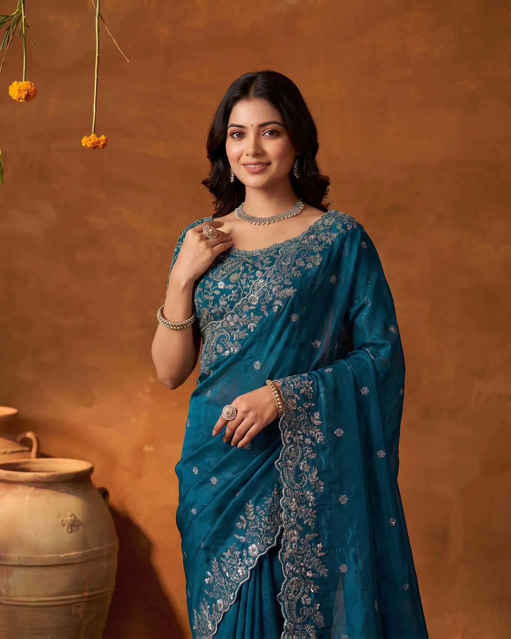 Arpita Embroidered Butti Festive Saree with Ornate Border - Air Force - upper closeup