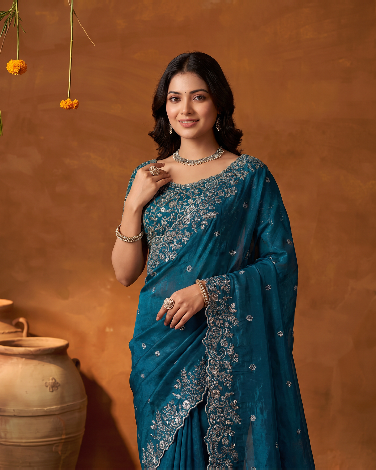 Arpita Embroidered Butti Festive Saree with Ornate Border - Air Force - upper closeup