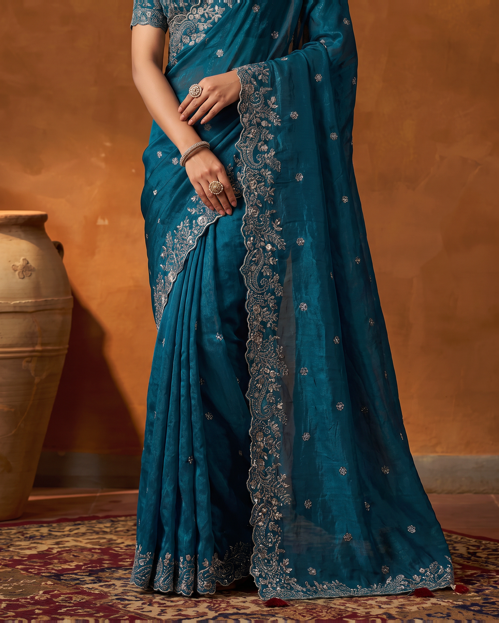 Arpita Embroidered Butti Festive Saree with Ornate Border - Air Force - lower closeup