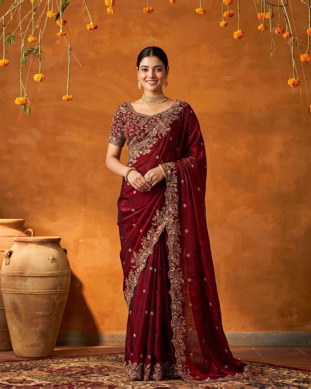 Arpita Embroidered Butti Festive Saree with Ornate Border - Maroon - full saree hero