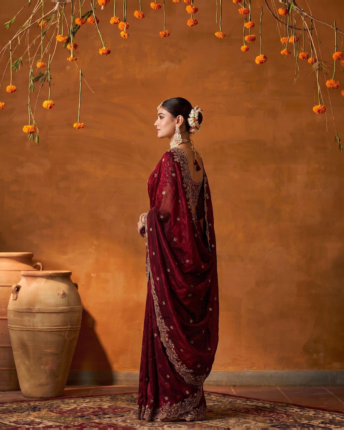 Arpita Embroidered Butti Festive Saree with Ornate Border - Maroon - side
