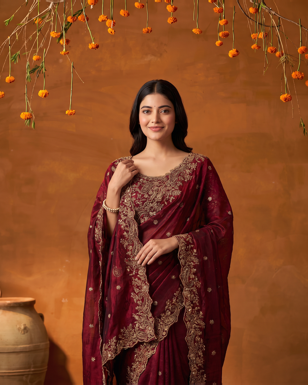 Arpita Embroidered Butti Festive Saree with Ornate Border - Maroon - upper closeup