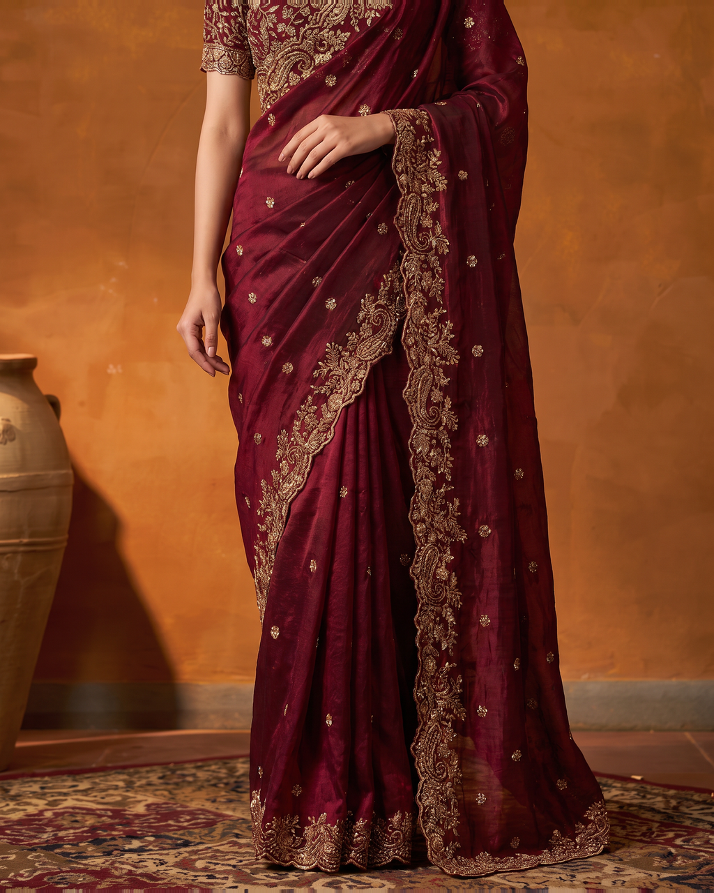 Arpita Embroidered Butti Festive Saree with Ornate Border - Maroon - lower closeup