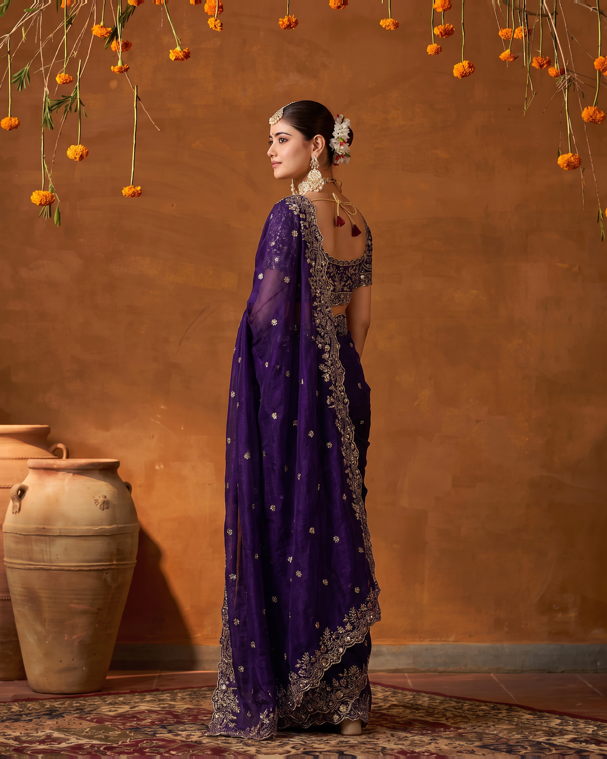 Arpita Embroidered Butti Festive Saree with Ornate Border - Purple - side