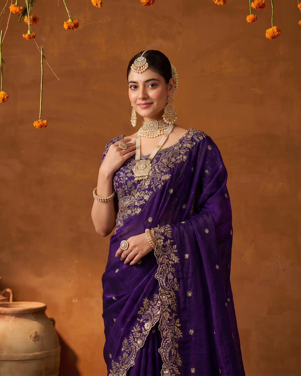 Arpita Embroidered Butti Festive Saree with Ornate Border - Purple - upper closeup