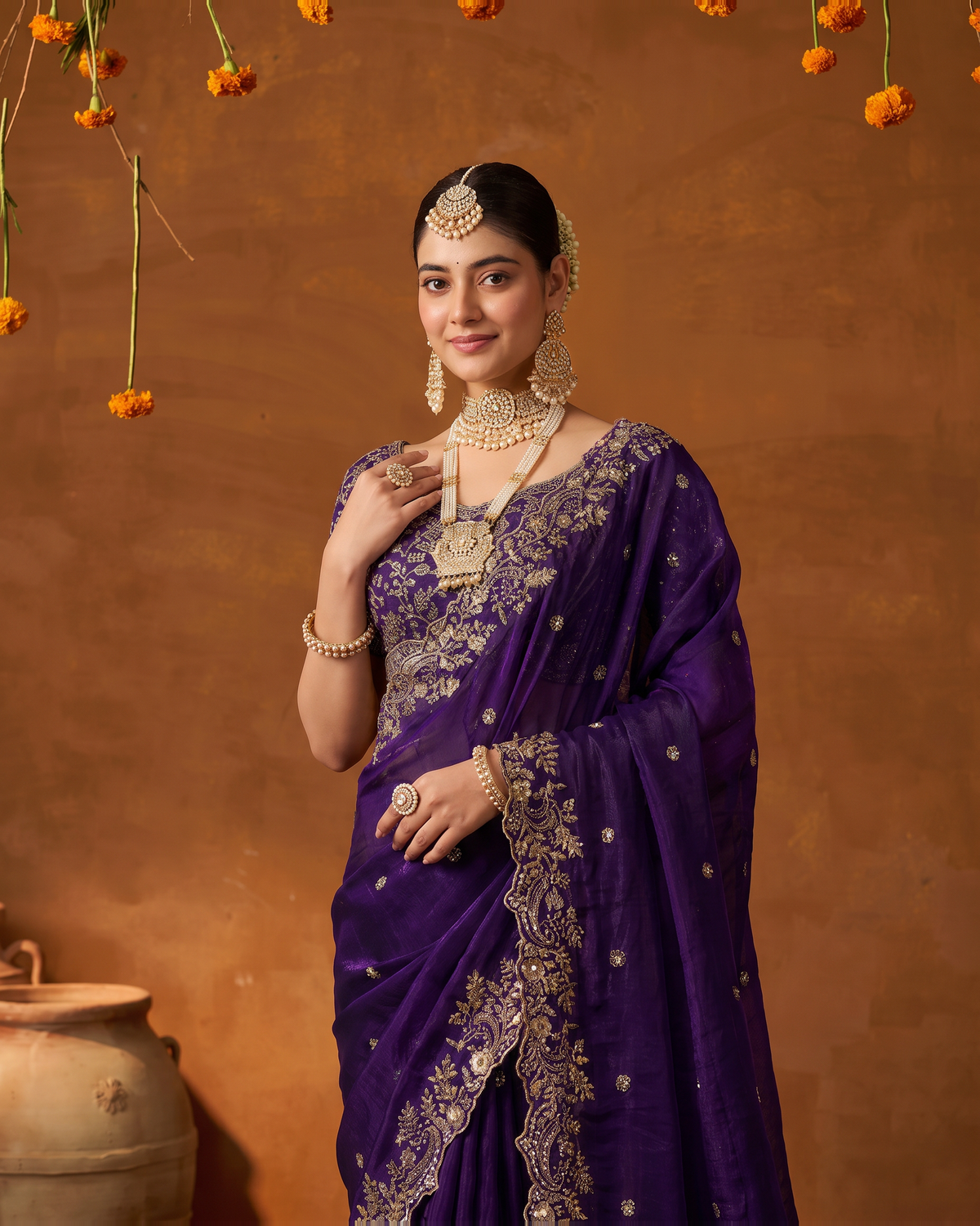 Arpita Embroidered Butti Festive Saree with Ornate Border - Purple - upper closeup