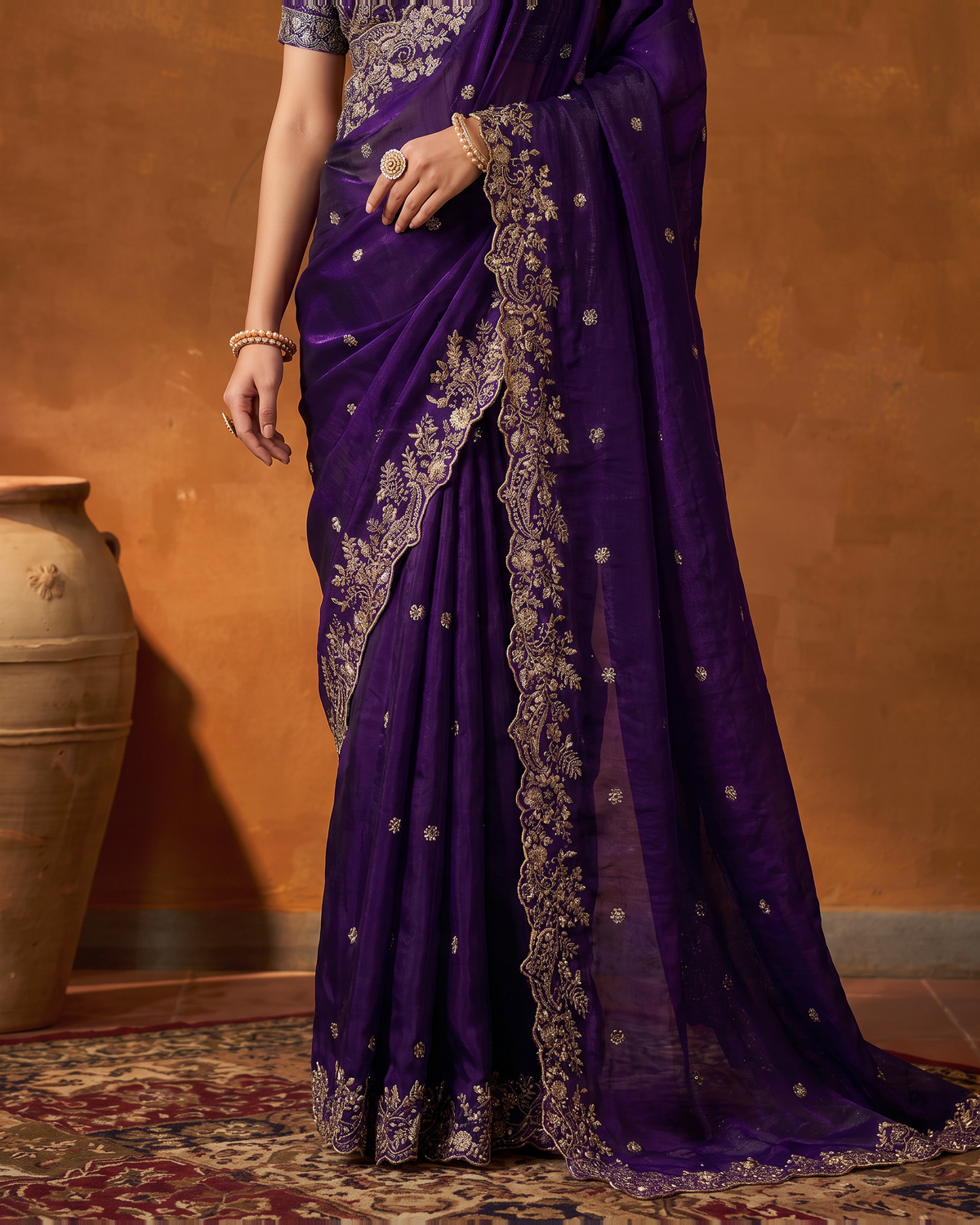 Arpita Embroidered Butti Festive Saree with Ornate Border - Purple - lower closeup