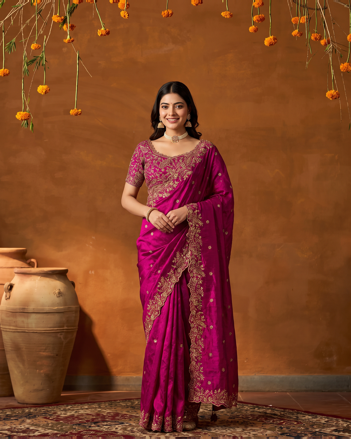 Arpita Embroidered Butti Festive Saree with Ornate Border - Rani - full saree hero