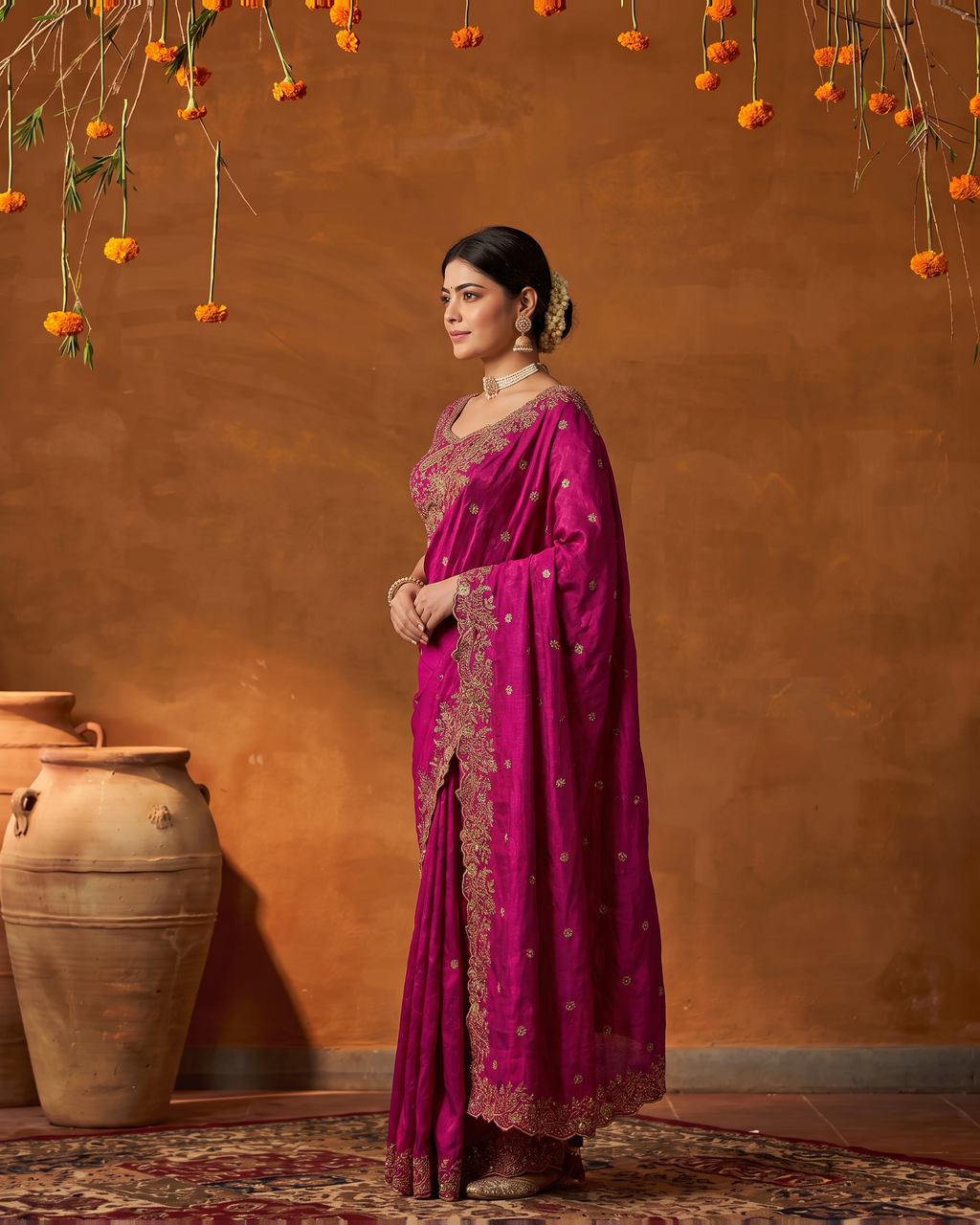 Arpita Embroidered Butti Festive Saree with Ornate Border - Rani - side