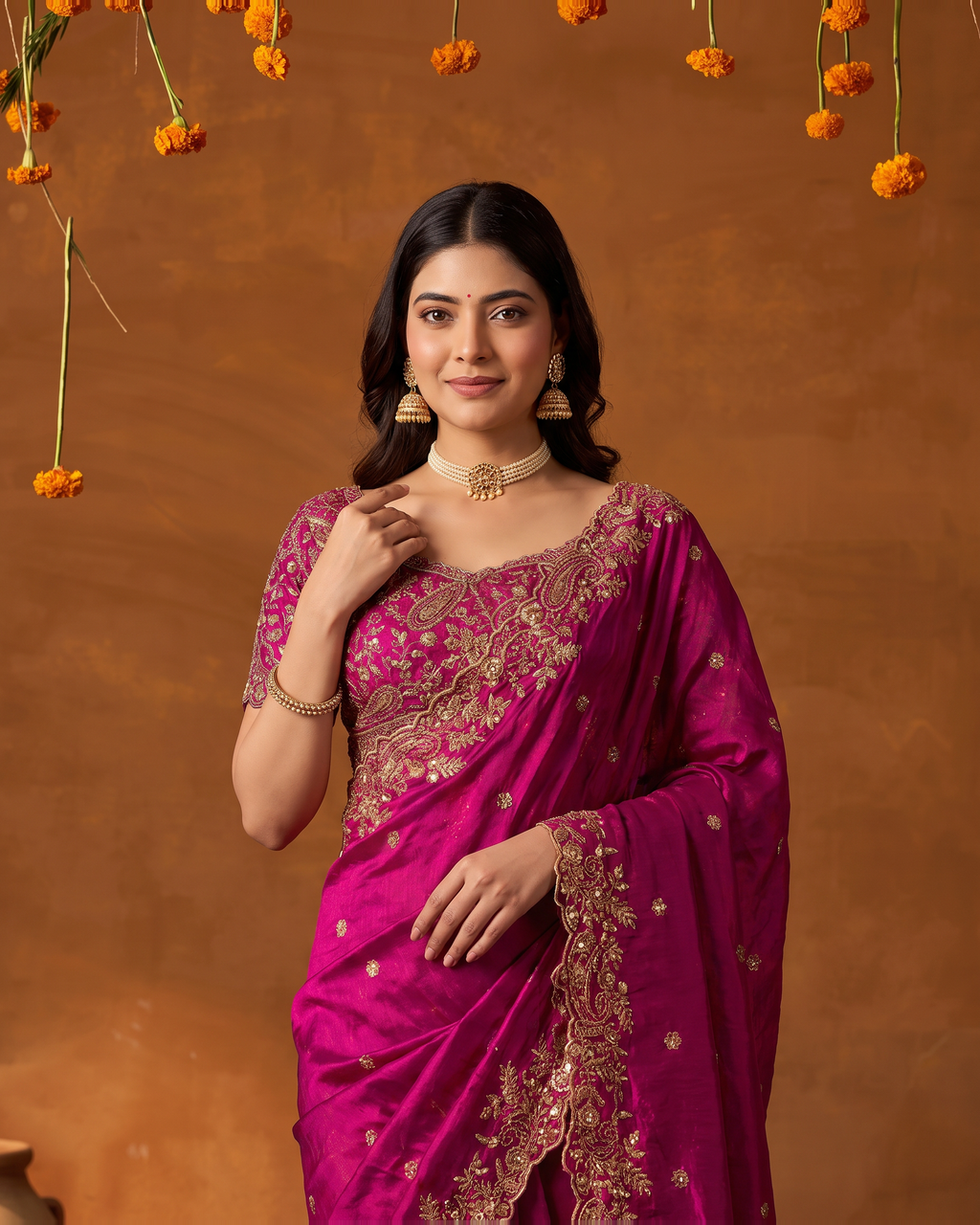 Arpita Embroidered Butti Festive Saree with Ornate Border - Rani - upper closeup